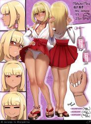 1girl absurdres bare_legs blonde_hair blunt_bangs blush character_name reference_sheet closed_mouth collarbone commission detached_sleeves earrings feet full_body hair_intakes hakama hakama_short_skirt hakama_skirt hand_on_own_hip hand_up highres japanese_clothes jewelry kimono kneepits legs long_hair looking_at_viewer miniskirt multiple_views nontraditional_miko original panties parted_lips patterned_background purple_background red_nails ribbon-trimmed_sleeves ribbon_trim sandals second-party_source side-tie_panties sidelocks skirt smile smug tan tanline tattoo toenails toes underwear white_kimono white_nails white_panties wide_sleeves zl-crow_red