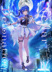 Rule 34 | 1girl, beret, blue eyes, blue hair, blue nails, boots, brooch, building, comiket 106, commentary, detached sleeves, earrings, epaulettes, fingerless gloves, full body, full moon, gloves, grin, hair between eyes, hair bun, hat, highres, hololive, hoshimachi suisei, hoshimachi suisei (supernova), idol clothes, jewelry, long hair, looking at viewer, moon, night, night sky, official alternate costume, official alternate hairstyle, open-toe boots, puffy detached sleeves, puffy sleeves, side cape, side ponytail, side up bun, single earring, single epaulette, single sidelock, sky, smile, solo, star (symbol), star brooch, star in eye, symbol in eye, toes, virtual youtuber, white gloves, white hat, yellow takano