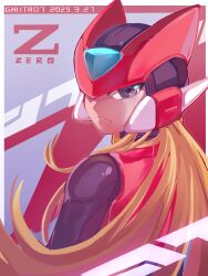 1boy armor black_eyes blonde_hair border character_name dated forehead_jewel from_behind galiter helmet highres long_hair male_focus mega_man_(series) mega_man_zero_(series) red_armor red_helmet solo upper_body white_border zero(z)_(mega_man) zero_(mega_man)
