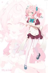 1girl ;o apron aqua_eyes aqua_hair artist_name black_shoes breasts commentary_request dress helawid highres honkai:_star_rail honkai_(series) hyacine_(honkai:_star_rail) maid maid_apron maid_headdress multicolored_hair one_eye_closed pantyhose pink_hair purple_dress shoes small_breasts solo two-tone_hair white_apron white_pantyhose zoom_layer