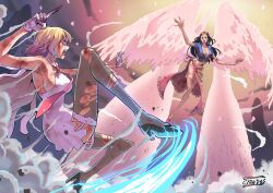 2girls artist_name bare_shoulders black_hair blonde_hair blood cidades cropped_jacket dress eyewear_on_head fight gloves hana_hana_no_mi high_heels highres jacket leather leather_jacket long_hair looking_at_another multiple_girls nico_robin nico_robin_(return_to_sabaody) one_piece open_mouth sarong short-sleeved_jacket short_hair short_sleeves stussy_(one_piece) sunglasses teeth thighhighs torn_clothes torn_thighhighs upper_teeth_only white_dress white_gloves wings