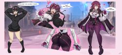Rule 34 | 2girls, absurdres, ass expansion, black hair, black hoodie, black jacket, black socks, blood, boots, borrowed character, breast expansion, clare (erasethismail), collared shirt, commentary, english commentary, eyewear on head, gloves, grey shirt, highres, honkai: star rail, honkai (series), hood, hoodie, jacket, jacket on shoulders, kafka (honkai: star rail), long hair, long sleeves, multiple girls, nosebleed, open mouth, original, panties, purple footwear, purple gloves, purple hair, purple panties, purple shorts, shirt, short hair, shorts, single thigh boot, slemka, socks, sunglasses, surprised, thigh boots, transformation, underwear