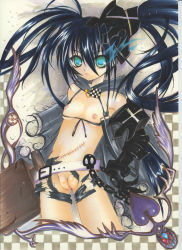 Rule 34 | 10s, 1girl, bad anatomy, bad id, bad pixiv id, bad vulva, belt, belt skirt, black rock shooter, breasts, chain, cleft of venus, fat mons, female focus, green eyes, heart, highres, insane black rock shooter, long hair, mezashi gohan, nipples, poorly drawn, pussy, scar, small breasts, solo, torn clothes, twintails