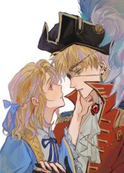 2boys aged_down ascot axis_powers_hetalia blonde_hair coat earrings eyepatch france_(hetalia) green_eyes hair_ribbon half_updo hat highres jewelry lasiven looking_at_another male_focus medium_hair multiple_boys open_mouth pirate pirate_hat plume profile purple_eyes ribbon shirt short_hair simple_background thick_eyebrows united_kingdom_(hetalia) wavy_hair white_background yaoi