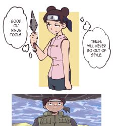 1girl bare_shoulders black_eyes blue_pants brown_hair closed_mouth commentary double_bun english_commentary english_text forehead_protector green_jacket hair_bun holding holding_weapon jacket konohagakure_symbol kunai meteor multiple_views naruto_(classic) naruto_(series) naruto_shippuuden pants pink_shirt plow_(witch_parfait) shirt sleeveless sleeveless_shirt speech_bubble tenten_(naruto) thought_bubble weapon