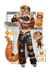 1girl absurdres animal_crossing_(style) cellphone character_request chinese_zodiac dragon_horns dragon_tail emoji food fruit highres horns midriff navel one_eye_closed orange_(fruit) original phone sandals smartphone smile solo stomach tail toes v window_(computing) year_of_the_dragon yeun