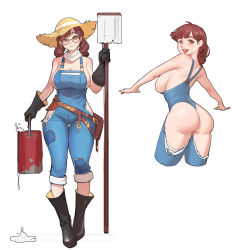 1girl :d ass backboob bare_shoulders black_footwear black_gloves breasts brown_eyes brown_hair bucket cleavage cropped_legs ezi farmer freckles from_behind glasses gloves hand_up hat highres holding holding_bucket large_breasts looking_at_viewer looking_back multiple_views naked_overalls open_mouth original overalls round_eyewear simple_background smile straw_hat sun_hat thighs tongue white_background