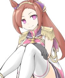 1girl akara_kai animal_ears black_gloves brown_hair epaulettes flower_in_eye gloves gold_hairband hairband high_ponytail horse_ears horse_girl long_hair looking_at_viewer ponytail purple_eyes sakura_bakushin_o_(umamusume) simple_background smile solo symbol_in_eye thighhighs umamusume white_background white_thighhighs