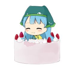 1girl :t apron bad_id bad_pixiv_id blue_hair blue_headwear blush_stickers cake closed_eyes commentary_request facing_viewer female_focus food food_on_face fruit haniyasushin_keiki hood in_food jewelry long_hair magatama magatama_necklace name_connection necklace object_namesake parted_bangs poco_(zdrq3) pun shirt simple_background solo strawberry touhou upper_body whipped_cream white_background yellow_shirt