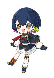 1girl :d black_boots black_capelet black_gloves black_hair black_skirt blush_stickers boots bow braid brown_eyes capelet chibi commentary full_body gloves green_bow hair_bow headset long_sleeves looking_at_viewer multicolored_hair nijisanji nozo_(hitomiz) open_mouth puffy_long_sleeves puffy_sleeves purple_hair shirt simple_background skirt smile solo two-tone_hair virtual_youtuber white_background white_shirt yamagami_karuta