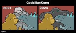 2021 2024 ape artist_name blue_eyes chibi crossover dinosaur giant giant_monster giant_robot glowing glowing_eyes glowing_spikes glowing_veins godzilla godzilla_(series) godzilla_vs._kong godzilla_x_kong:_the_new_empire gorilla green_eyes iegamo kaiju king_kong king_kong_(series) legendary_pictures mecha mechagodzilla meme monster monsterverse no_humans no_pupils now_kiss!_(meme) orange_eyes red_eyes robot silhouette skar_king spikes sweat toho veisn