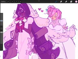 Rule 34 | 2girls, black forest cookie, blush, bridal veil, brown hair, ch3irv3, cookie run, cookie run: kingdom, cross-shaped pupils, dark-skinned female, dark skin, dress, gloves, hair intakes, hair ornament, highres, long hair, looking at viewer, multiple girls, pink hair, puffy short sleeves, puffy sleeves, short hair, short sleeves, symbol-shaped pupils, veil, wedding cake cookie, wedding dress, white dress, white gloves