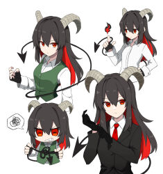 1girl black_gloves black_hair business_suit buttons demon_girl demon_tail fingerless_gloves fire formal_clothes gloves goat_girl goat_horns green_vest highres horizontal_pupils horns knot long_hair long_sleeves looking_at_viewer mothkoisi multicolored_hair necktie original red_eyes red_hair shirt simple_background suit tail two-tone_hair vest white_background white_shirt