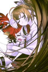 2girls absurdres ahoge animal_ears brown_hair closed_eyes collar crying feather_hair_ornament feathers hair_ornament hakos_baelz hand_on_another&#039;s_head highres hololive hololive_english hug long_hair medium_hair mouse_ears mousetrap multicolored_hair multiple_girls nanashi_mumei ponytail pungson_mori red_hair smile spiked_collar spikes streaked_hair very_long_hair virtual_youtuber