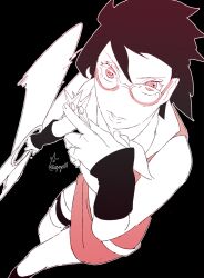 1girl black_background black_hair boruto:_naruto_next_generations dual_wielding fuuma_shuriken holding holding_shuriken holding_weapon looking_at_viewer naruto_(series) ninja red_shirt semi-rimless_eyewear sharingan shirt short_hair shuriken simple_background sleeveless sleeveless_shirt solo uchiha_sarada weapon zifletts