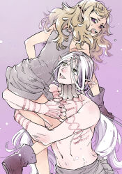 1boy 1girl arm_tattoo bags_under_eyes blonde_hair boots carrying carrying_person chest_tattoo dungeon_meshi elf fleki gloves gorget green_eyes grey_hair hair_around_ear hair_tubes highres lifting_person long_hair low_twintails lycion medium_hair navel notched_ear pointy_ears purple_eyes sleeveless sweatdrop tattoo topless_male tunic twintails yokomozu