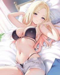 1girl akiei bed_sheet bikini black_bikini blonde_hair blurry blurry_background blush breasts cleavage closed_mouth commentary_request gakuen_idolmaster gradient_hair highleg highleg_bikini highres idolmaster juo_sena large_breasts looking_at_viewer lying multicolored_hair navel on_back on_bed open_fly orange_hair pillow pink_hair purple_eyes short_shorts shorts solo streaked_hair swimsuit white_shorts