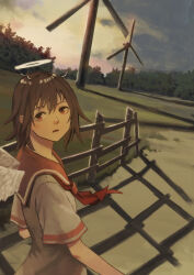 Rule 34 | 1girl, absurdres, angel wings, aquoo, brown eyes, brown hair, commentary request, evening, feathered wings, fence, grass, haibane renmei, halo, highres, looking back, messy hair, neckerchief, orange sailor collar, outdoors, path, rakka (haibane), road, sailor collar, scenery, short hair, short sleeves, solo, traditional halo, tree, wind turbine, windmill, wings