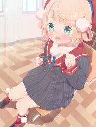 Rule 34 | 1girl, 22m, absurdres, black jacket, black skirt, blonde hair, blush, buttons, chair, commentary request, double-breasted, green eyes, hair ornament, hair rings, highres, indie virtual youtuber, indoors, jacket, open mouth, pom pom (clothes), pom pom hair ornament, red headwear, red sailor collar, sailor collar, school chair, school uniform, shigure ui (vtuber), short hair, sitting, skirt, solo, striped clothes, striped jacket, striped skirt, teeth, upper teeth only, vertical-striped clothes, vertical-striped jacket, vertical-striped skirt, virtual youtuber