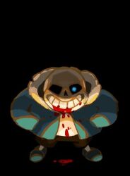 1boy black_background black_shorts blood blood_in_mouth blood_on_clothes blood_on_face blue_eyes blue_slippers fur-trimmed_jacket fur_trim grin hands_in_pockets jacket niking one-eyed sans_(undertale) shirt shorts simple_background skeleton skull slippers smile solo underlighting undertale white_shirt