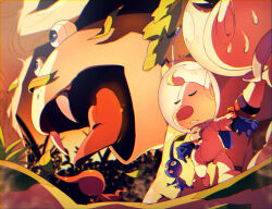 2boys backpack bag big_nose black_eyes blonde_hair blue_bag blue_gloves blue_pikmin blue_skin brown_hair bulborb buttons closed_eyes colored_skin commentary_request fangs frown full_body gloves helmet hiding leaf louie_(pikmin) male_focus multiple_boys nervous_sweating nintendo olimar orange_sky pale_skin parted_lips pikmin_(creature) pikmin_(series) pointy_ears radio_antenna red_gloves red_pikmin red_skin rock scared shirushiki short_hair size_difference sky space_helmet spacesuit standing sunset sweat teeth tongue tree very_short_hair wide-eyed