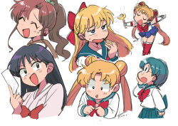 Rule 34 | 6+girls, ^ ^, aino minako, bishoujo senshi sailor moon, black hair, blue hairband, blue sailor collar, blue skirt, bow, bowtie, brown hair, chibi, circlet, closed eyes, double bun, elbow gloves, gloves, hair bow, hair bun, hairband, high ponytail, hino rei, holding ofuda, japanese clothes, juuban middle school uniform, kino makoto, long hair, magical girl, miko, mizuno ami, multiple girls, ofuda, open mouth, outstretched arms, ponytail, red bow, red bowtie, sailor collar, sailor moon, sailor senshi, sailor senshi uniform, school uniform, serafuku, shirt, short hair, signature, simple background, skirt, smile, spread arms, tsubobot, tsukino usagi, twintails, upper body, white background, white gloves, white shirt