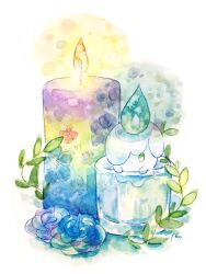 blue_fire blue_flower blue_rose candle closed_mouth cup dot_mouth fire flower full_body gen_5_pokemon highres in_container in_cup leaf litwick nintendo no_humans non_(kumakawayusu) painting_(medium) pokemon pokemon_(creature) rose signature simple_background solo traditional_media watercolor_(medium) white_background