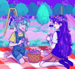 2boys 2girls antenna_hair artist_name aubrey_(headspace)_(omori) aubrey_(omori) barefoot basil_(headspace)_(omori) basil_(omori) basket blue_overalls blue_shirt bow checkered_blanket closed_eyes collared_shirt colored_skin flower green_eyes green_hair green_shirt grin hair_bow head_wreath highres kel_(headspace)_(omori) kel_(omori) long_hair looking_at_another mari_(headspace)_(omori) mari_(omori) multiple_boys multiple_girls omori open_mouth overall_shorts overalls picnic_blanket pink_bow pleated_skirt purple_shoes purple_shorts purple_sweater_vest red_skirt seiza shirt shoes short_hair short_sleeves shorts shxro524 sitting skirt slide smile socks sweater_vest swing swing_set t-shirt tank_top teeth tree white_shirt white_skin white_socks
