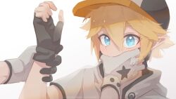2boys aotu_world artist_name baseball_cap black_gloves black_hat blonde_hair blue_eyes blush chinese_commentary covering_another&#039;s_mouth fingerless_gloves gloves grey_(aotu_world) hair_between_eyes hand_on_another&#039;s_face hat highres holding_another&#039;s_wrist hood hood_down hoodie jacket king_(aotu_world) looking_at_viewer male_focus multicolored_hat multiple_boys pijitaidi pointy_ears pov pov_hands shirt short_hair short_sleeves simple_background solo_focus star_(symbol) upper_body white_background white_gloves white_hoodie