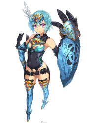 1girl angel armor bare_shoulders beige_skin belt black_wings blue_hair boots breasts buckle full_body gauntlet head_wings huge_weapon looking_at_viewer medium_breasts nanatsu_no_bitoku official_art purple_eyes sandalphon_(nanatsu_no_bitoku) serious shield short_hair single_wing weapon white_background wings