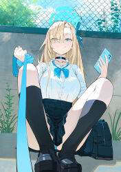 1girl absurdres asuna_(blue_archive) asuna_(school_uniform)_(blue_archive) bag black_shoes black_skirt black_socks blonde_hair blue_archive blue_bow blue_bowtie blue_eyes blue_halo blue_panties bow bowtie breasts choker collarbone eyes_visible_through_hair hair_over_one_eye hair_ribbon halo highres holding holding_leash holding_phone large_breasts leash loose_bowtie midfinger on_floor panties phone pleated_skirt pov ribbon school_bag scrunchie shirt shoes sitting skirt smile socks solo thighs underwear white_shirt wrist_scrunchie