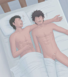 2boys abs ace_of_diamond bed blush kuramochi_youichi male_focus multiple_boys muscular nude penis sawamura_eijun siroki sleeping testicles yaoi