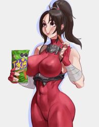 Rule 34 | ass, bodysuit, breasts, brown eyes, brown hair, chips (food), covered erect nipples, dlusionalx, eating, fingerless gloves, food, gloves, large breasts, mexican food, ninja, ponytail, red bodysuit, skin tight, soul calibur, taki (soulcalibur), takis