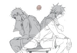 2boys ball basketball basketball_(object) basketball_uniform greyscale hatake_kakashi jersey male_focus monochrome multiple_boys naruto_(series) naruto_shippuuden shorts sitting sportswear spot_color sweat towel uchiha_obito vosovic