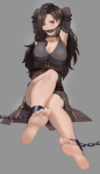 1girl ankle_cuffs armpits arms_behind_head arms_up ball_gag bare_legs barefoot bdsm black_hair bondage bound bound_arms breasts chain choker cleavage corset feet female_focus foreshortening gag gagged grey_background highres jewelry large_breasts long_hair looking_at_viewer pendant purple_eyes rainnear soles solo the_witcher_(series) the_witcher_3 toe_ring toes yennefer