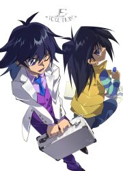 1boy age_progression black_hair blue_shirt e_volution from_behind full_body highres holding holding_suitcase jacket kaiba_mokuba long_hair looking_at_viewer looking_back male_focus multiple_views one_eye_closed panties purple_eyes purple_panties purple_shirt purple_vest shirt simple_background suitcase underwear vest white_background white_jacket yellow_vest yu-gi-oh! yu-gi-oh!_duel_monsters yu-gi-oh!_the_dark_side_of_dimensions