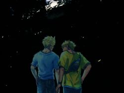 2boys alternate_costume black_background blonde_hair blue_shirt cloud_strife commentary_request dissidia_final_fantasy final_fantasy final_fantasy_vii final_fantasy_x from_behind highres holding_hands in-franchise_crossover looking_at_another male_focus multiple_boys shirt short_hair smile spiked_hair t-shirt tidus warori_anne yaoi yellow_shirt