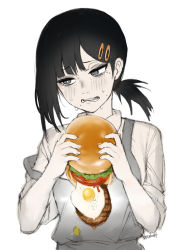 1girl beruko14 black_eyes black_hair burger burger_malfunction chainsaw_man collared_shirt crying eating egg egg_(food) food fried_egg hair_ornament hairclip higashiyama_kobeni highres holding holding_food lettuce mole mole_under_eye mole_under_mouth open_mouth pickle ponytail sad shirt short_sleeves snot solo steak sunny_side_up_egg sweat tears teeth tomato wavy_mouth white_shirt
