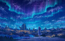 1girl arm_at_side au_ito aurora barefoot cloud commentary_request dress fantasy floating_clothes floating_hair from_behind highres lake long_hair meteor_shower mountainous_horizon night night_sky original outdoors reflection reflective_water scenery shooting_star sky sleeveless sleeveless_dress solo star_(sky) starry_sky tree white_dress white_hair wind