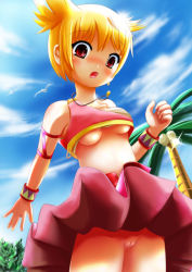 1girl bare_shoulders bird blonde_hair blush breasts clothes_lift cloud day female_focus jewelry lola lola_(pangya) medium_breasts midriff necklace no_panties open_mouth outdoors palm_tree pangya pussy red_eyes short_hair skirt skirt_lift sky solo standing sweat tree uncensored underboob wind wind_lift