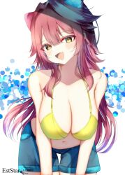 1girl animal_ears aties20 bare_shoulders bikini blue_shorts blush breasts cleavage collarbone commentary extra_ears fangs green_bikini hair_intakes hashtag-only_commentary hololive hololive_english large_breasts long_hair looking_at_viewer multicolored_hair navel open_mouth panther_ears panther_girl pink_hair raora_panthera shorts skin_fangs smile solo stomach streaked_hair swimsuit thighs virtual_youtuber white_background yellow_eyes