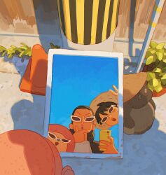 3boys black_hair blue_nose blue_sky george_park hat highres long_nose male_focus mirror monkey_d._luffy multiple_boys one_piece open_mouth pink_hat scar scar_on_face sky smile straw_hat sunglasses taking_picture tony_tony_chopper usopp v