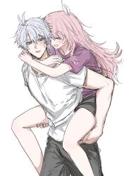 1boy 1girl black_pants black_shorts blue_eyes carrying cyrene_(honkai:_star_rail) hair_ornament highres honkai:_star_rail honkai_(series) ilsijeongj2213 legs long_hair pants phainon_(honkai:_star_rail) piggyback pink_hair purple_shirt shirt short_hair shorts simple_background thighs white_background white_hair white_shirt