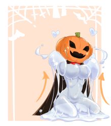 absurdres arrow_(symbol) black_cape bow breasts cape creature halloween halloween_costume heart highres hikyou_takarasou holding holding_pumpkin jack-o&#039;-lantern large_breasts monster monster_girl original pumpkin red_bow see-through_body sitting slime_(creature) slime_(substance) slime_girl translucent wariza