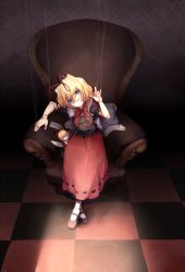 2girls blank_eyes blonde_hair blue_eyes chair doll doll_joints expressionless closed_eyes hair_ribbon joints mary_janes medicine_melancholy medium_hair multiple_girls puffy_short_sleeves puffy_sleeves qwer1234777 red_skirt ribbon shoes short_sleeves skirt string su-san touhou