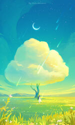 1girl artist_name bird black_hair blue_sky cloud crescent_moon dress field flower grass highres hill huhv. landscape long_hair meadow meteor_shower moon mountainous_horizon nature night night_sky original outdoors scenery shooting_star sky solo standing star_(sky) starry_sky tree very_wide_shot watermark white_dress white_flower wide_shot