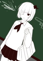 1girl :o bag bandaged_head bandages black_eyes black_horns blonde_hair blunt_bangs cardigan cellphone chalkboard collared_shirt dutch_angle e2ze2 empty_eyes eyepatch green_neckerchief highres holding holding_bag horns long_sleeves miniskirt monochrome neckerchief open_mouth phone phone_eyepatch puffy_sleeves ruru_(shinsei_kamattechan) school_bag shinsei_kamattechan shirt short_hair single_horn skirt solo standing stuffed_animal stuffed_mouse stuffed_toy sweater thighs