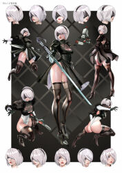 1girl 2b_(nier:automata) absurdres black_background black_blindfold black_boots black_dress black_gloves black_hairband black_thighhighs blindfold blue_eyes boots border breasts closed_mouth clothing_cutout commentary dagger dress elolaillustrator english_commentary feather-trimmed_sleeves gloves hair_over_one_eye hairband headband high_heels highres holding holding_dagger holding_knife holding_sword holding_weapon knife medium_breasts mole mole_under_mouth multiple_views nier:automata nier_(series) open_mouth outside_border parted_lips pod_(nier:automata) red_lips robot short_hair solo sword teeth thigh_boots thighhighs thighhighs_under_boots two-tone_gloves upper_teeth_only weapon white_border white_gloves white_hair