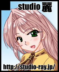 Rule 34 | 1girl, black border, blue background, blush, border, capelet, circle cut, circle name, commentary request, green eyes, hair intakes, long hair, looking at viewer, lowres, open mouth, pink hair, ragnarok online, ribbon-trimmed capelet, ribbon trim, smile, solo, swordsman (ragnarok online), tatsumi ray, upper body, watermark, web address