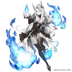 1girl black_dress blue_fire breasts character_request colored_skin copyright_request demon_girl dress fanza fire full_body garter_straps grey_skin large_breasts official_art pale_skin saruchitan serious shoes thighhighs white_background yellow_eyes